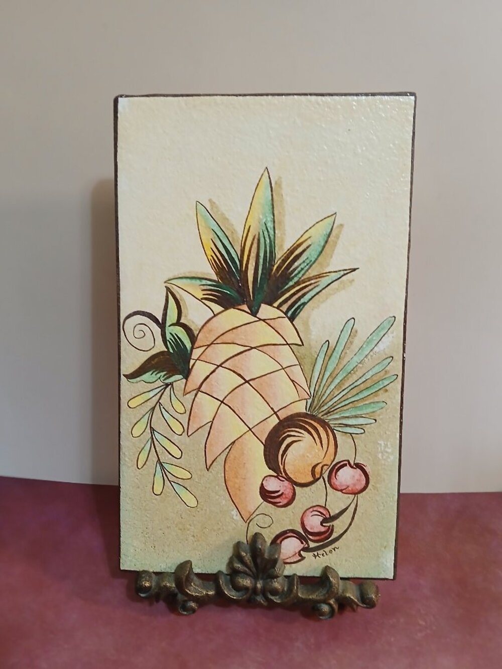 Mid-Century Abstract Fruit Painted Tile-Large-Holland Mold-Helen